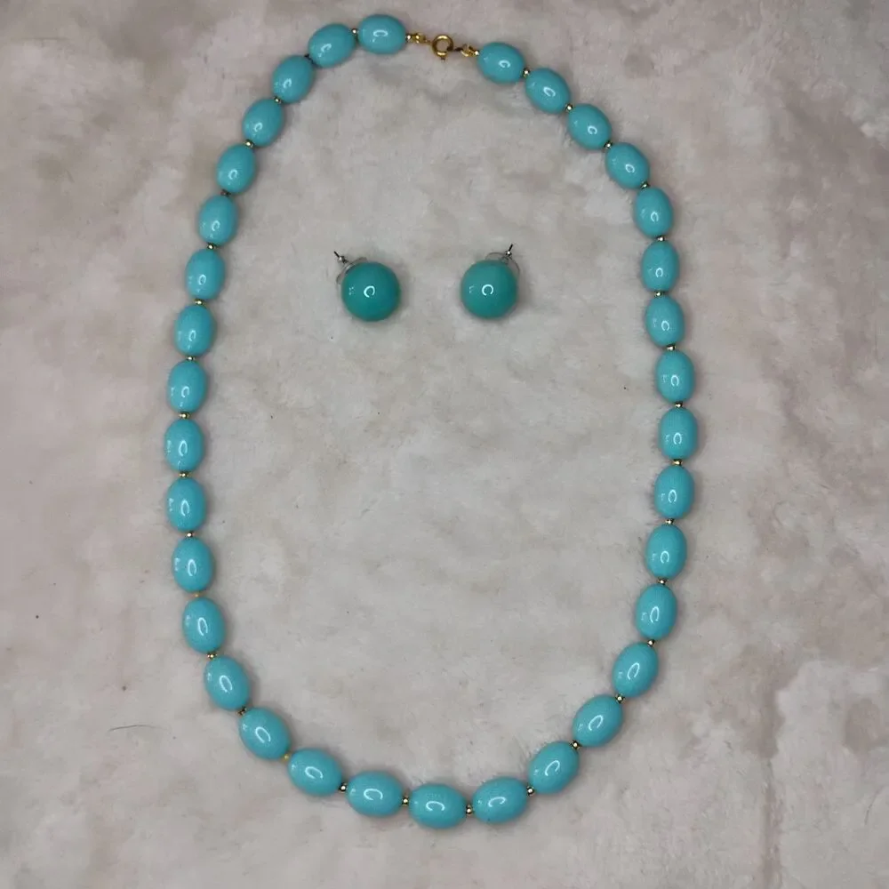 Vintage Aqua Blue Lucite Bead Necklace & Matching Ball Post Earring Set MCM